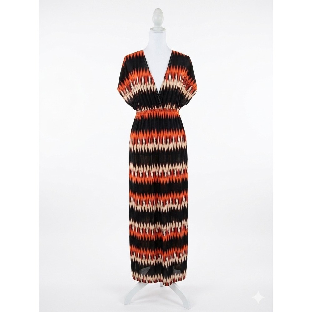 5th & Love Maxi Dress Medium M Orange Black Geometric Zig Zag Chevron V-Neck